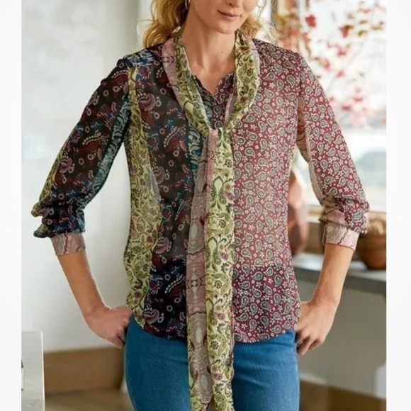 Soft Surroundings Blouse Top Langdon Patchwork Paisley Sheer Boho Peasant Office - Picture 15 of 15